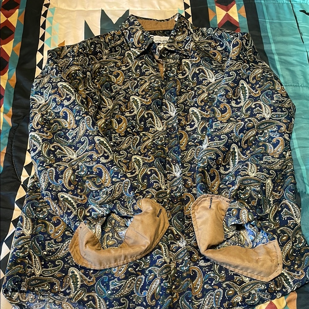 EXCHANGE Paisley Print Shirt in Blue and Gold. Western style